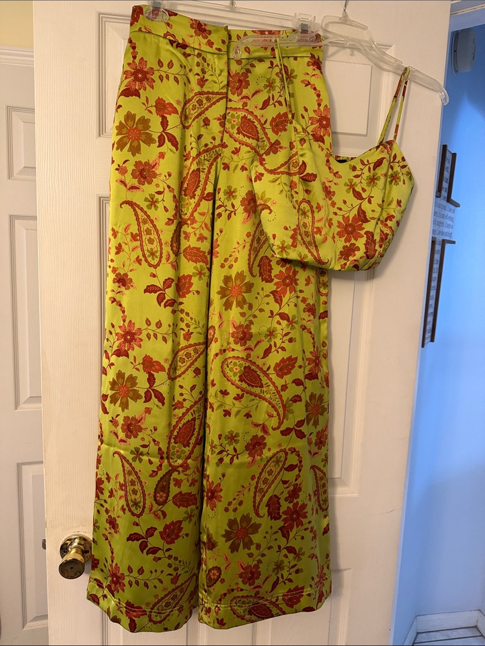 House of Harlow 1960 Lime Green and Rust Floral Wide-Leg Pants & Crop Top Set